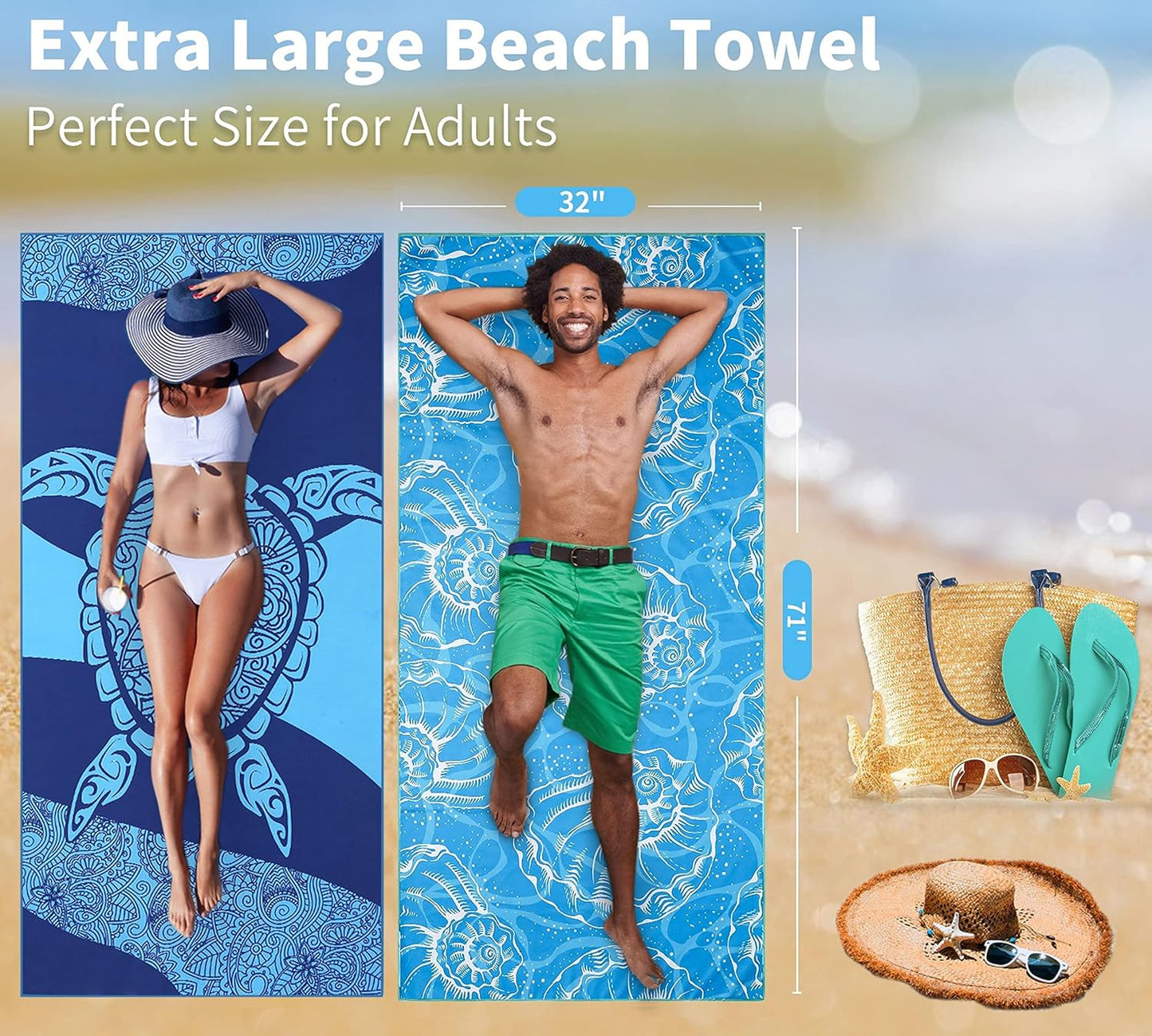 6 Pack Lightweight Thin Beach Towel Oversized 71"x32" Big Extra Large Microfiber Sand Free Towels for Adult Quick Dry Travel Camping Beach Accessories Vacation Essential Gift Turtles Shell Stripe Leaf