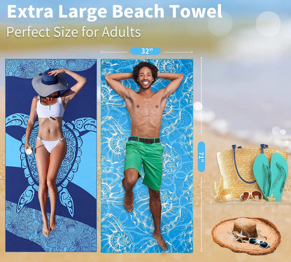 6 Pack Lightweight Thin Beach Towel Oversized 71"x32" Big Extra Large Microfiber Sand Free Towels for Adult Quick Dry Travel Camping Beach Accessories Vacation Essential Gift Turtles Shell Stripe Leaf