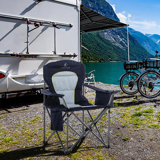 LET'S CAMP Oversized Folding Camping Chair Portable Outdoor Heavy Duty Padded Chairs Lawn Chair with Cup Holder, Storage Pocket and Cooler Bag, Supports 450LBS, for Camp, Travel, Picnic,2 Pack(Blue)