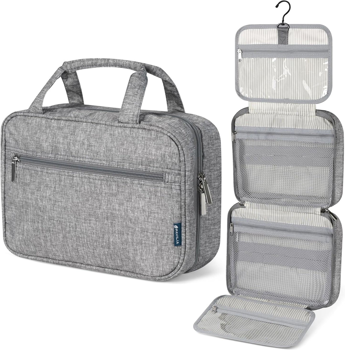 PAVILIA Hanging Toiletry Bag Travel Bag Women Men, Foldable Cosmetic Organizer, Roll up Makeup Bag, Water Resistant Accessories Toiletries, Large Travel Essentials Kit (Heather Grey)