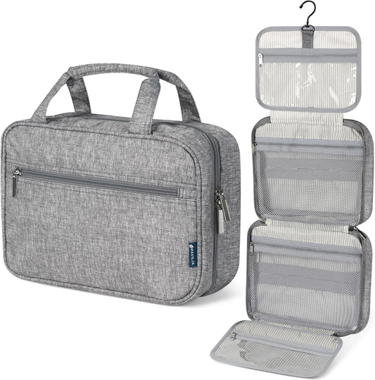 PAVILIA Hanging Toiletry Bag Travel Bag Women Men, Foldable Cosmetic Organizer, Roll up Makeup Bag, Water Resistant Accessories Toiletries, Large Travel Essentials Kit (Heather Grey)