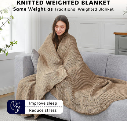 L'AGRATY Knitted Weighted Blanket - 48"x72" 20lbs Cooling Chunky Knit Heavy Blanket for Adults Braided Crochet Throw Thick Cable Yarn Knit Decorative No Beads Evenly Weighted Machine Washable