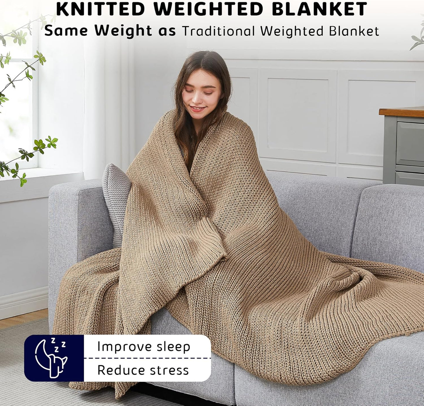 L'AGRATY Knitted Weighted Blanket - 48"x72" 12lbs Cooling Chunky Knit Heavy Blanket for Adults Braided Crochet Throw Thick Cable Yarn Knit Decorative No Beads Evenly Weighted Machine Washable