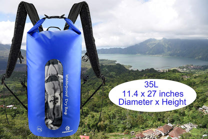 Freegrace Waterproof Dry Bags Set of 3 - Dry Bag with 2 Zip Lock Seals, Waist Pouch & Phone Case - Can Be Submerged Into Water for Swimming, Kayak, Rafting & Boating (Window, Navy Blue, 35L)