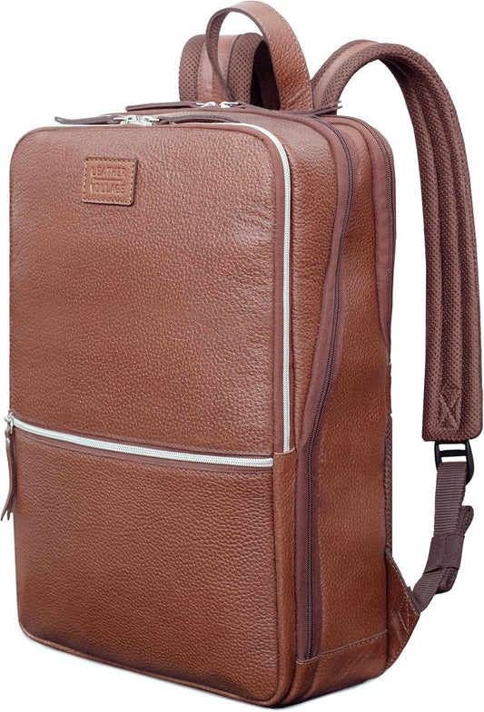 LEATHER VILLAGE Leather Laptop Backpack for Men |Brown | Slim Professional Business Bag Fits 15.6”-Laptop | Water-Repellent Work & Travel Daypack with Trolley Strap