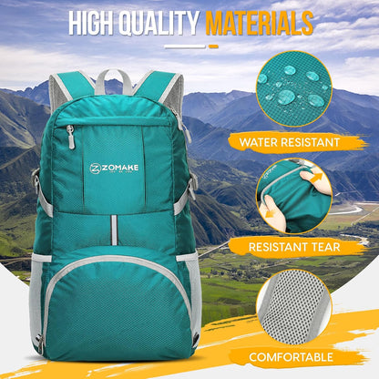 ZOMAKE Lightweight Packable Backpack 35L, Light Foldable Backpacks Water Resistant Collapsible Hiking Bag, Compact Folding Day Pack for Travel Camping(Lake Green)