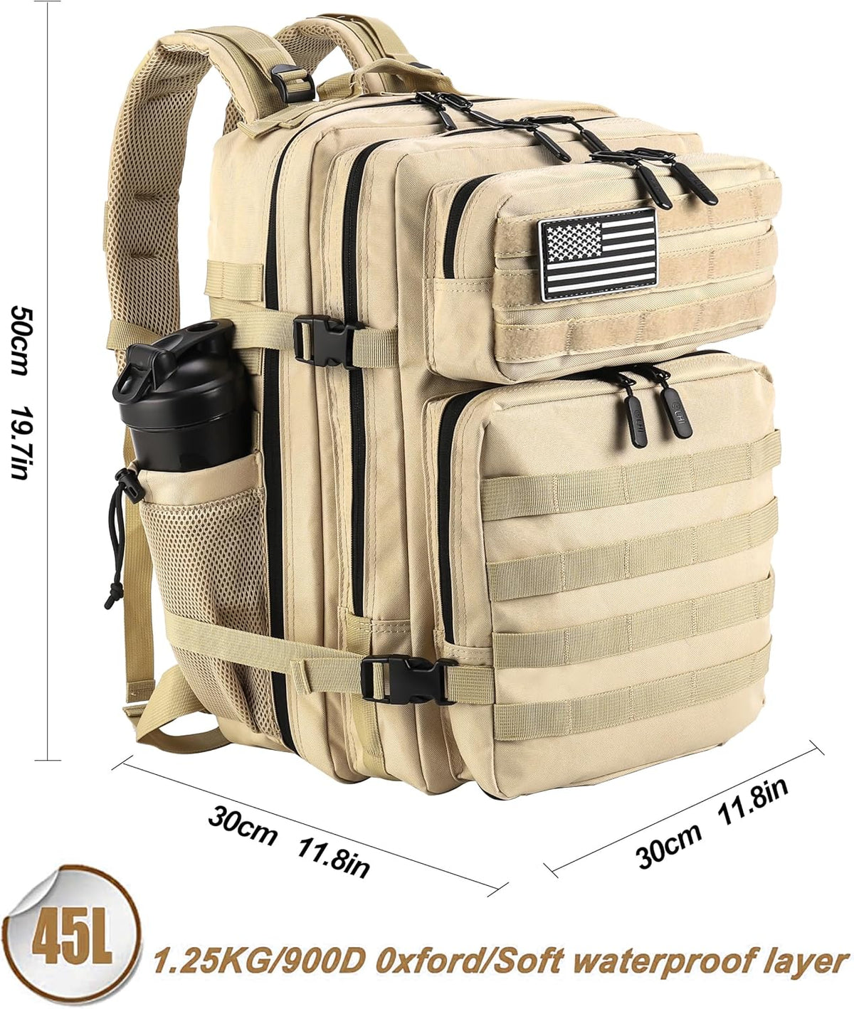LHI Military Tactical Backpack for Men and Women 45L Army 3 Days Assault Pack Bag Large Rucksack with Molle System - Cream