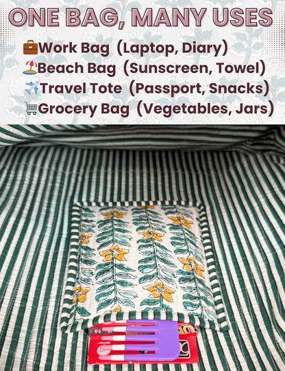 Cotton Quilted Tote Bag for Women – Large Beach & Travel Tote with Zipper, Reusable Grocery Bag