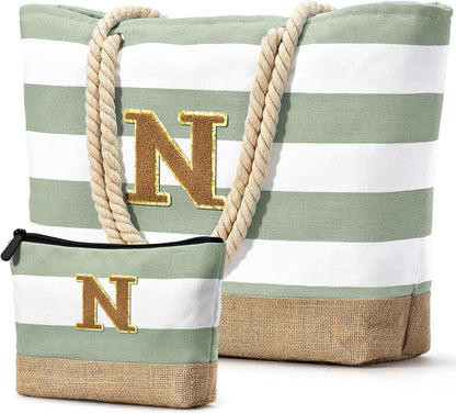 Becokan Beach Bag Initial Beach Tote with Makeup Bag for Travel Work Storage Personalized Birthday Gifts for Women Her