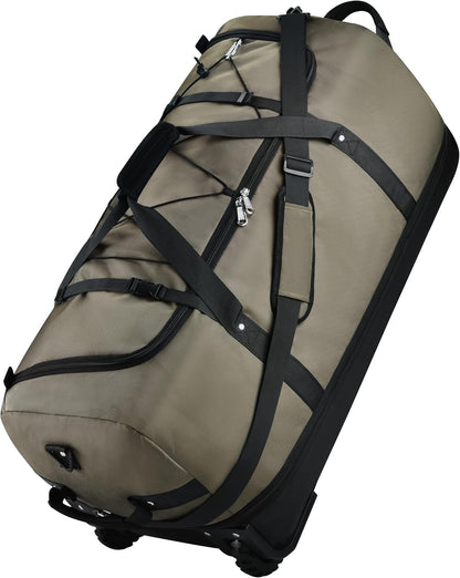 Rolling Duffle Bag with Wheels,110L/140L Expandable Soft-Sided Foldable Duffle Bag with 2 Rubber Wheels,Packable 32” Rolling Carry-On with Multi-Pockets & Compartments (Green)