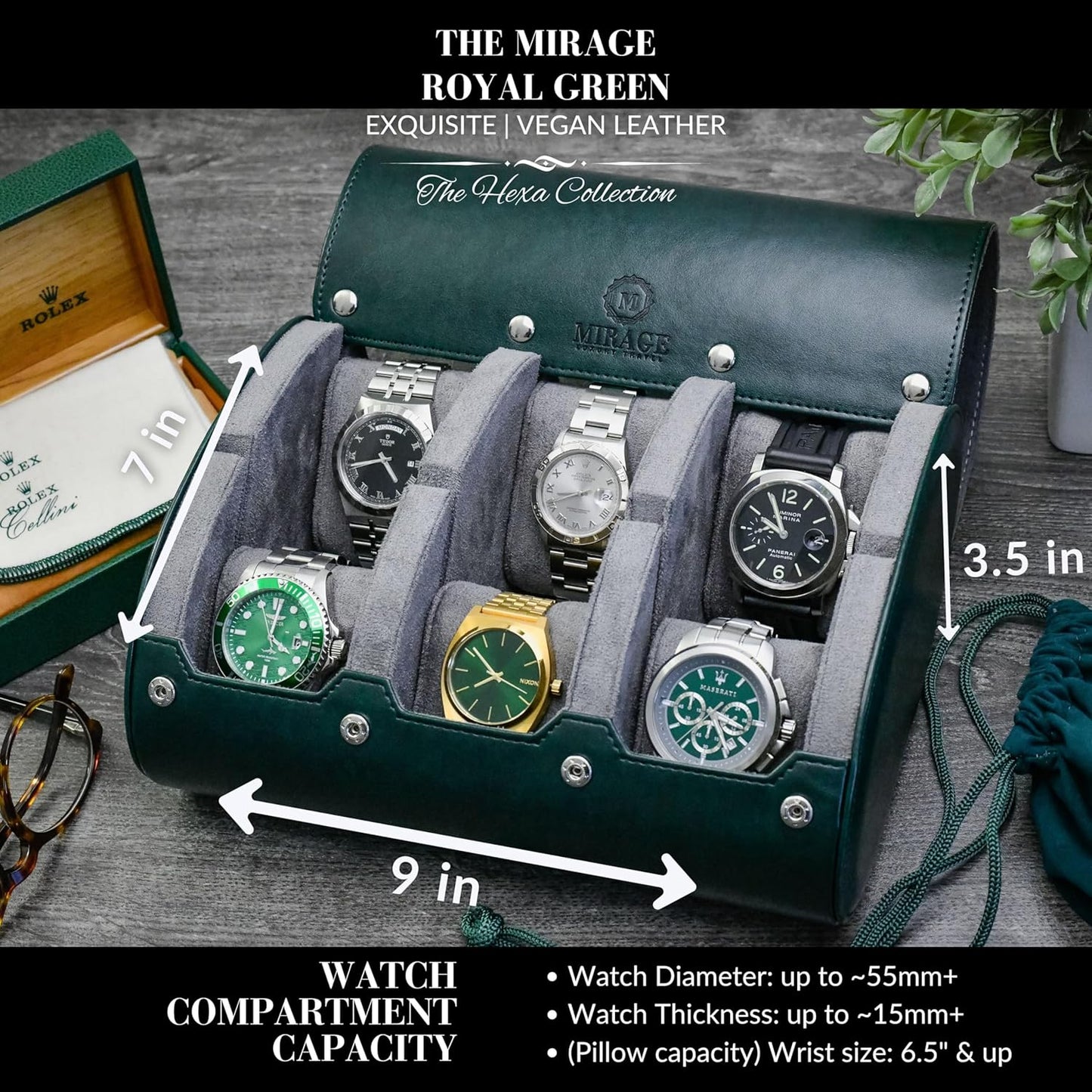 6 watch box display case for men - Travel Case - Royal Green