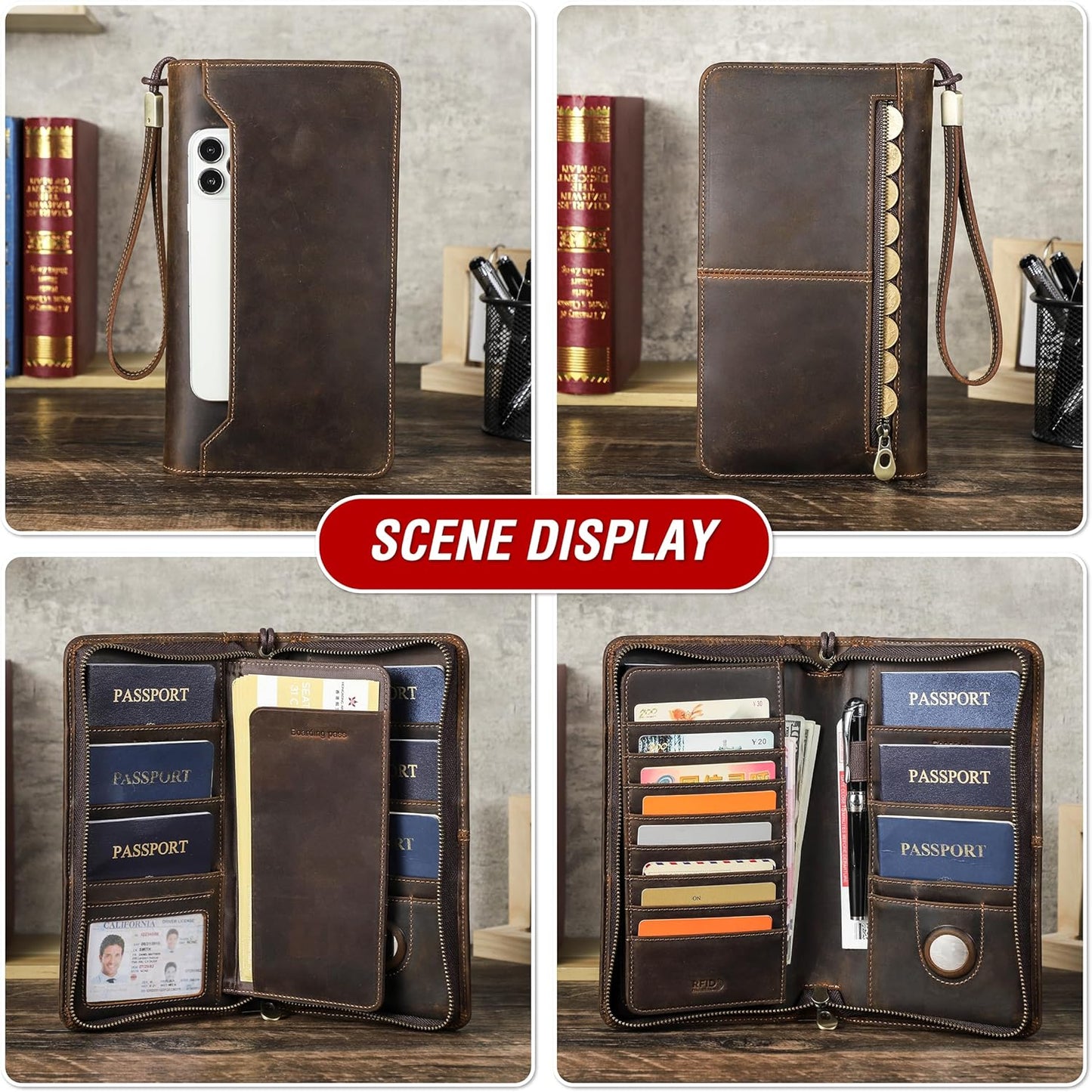 Top Grain Leather Travel Passport Wallet Organizer Case for Families, Handmade for 6 Passports & Multi Cards, RFID Blocking Large Capacity for Cards/Passports/Tickets/AirTag, Matte Coffee