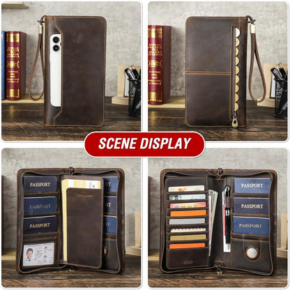 Top Grain Leather Travel Passport Wallet Organizer Case for Families, Handmade for 6 Passports & Multi Cards, RFID Blocking Large Capacity for Cards/Passports/Tickets/AirTag, Matte Coffee