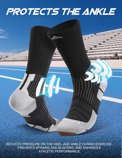 Men's Compression Running Socks: Coolmax Athletic Crew Socks Moisture Wicking Anti-Blister Cushion for Hiking 3 Pairs