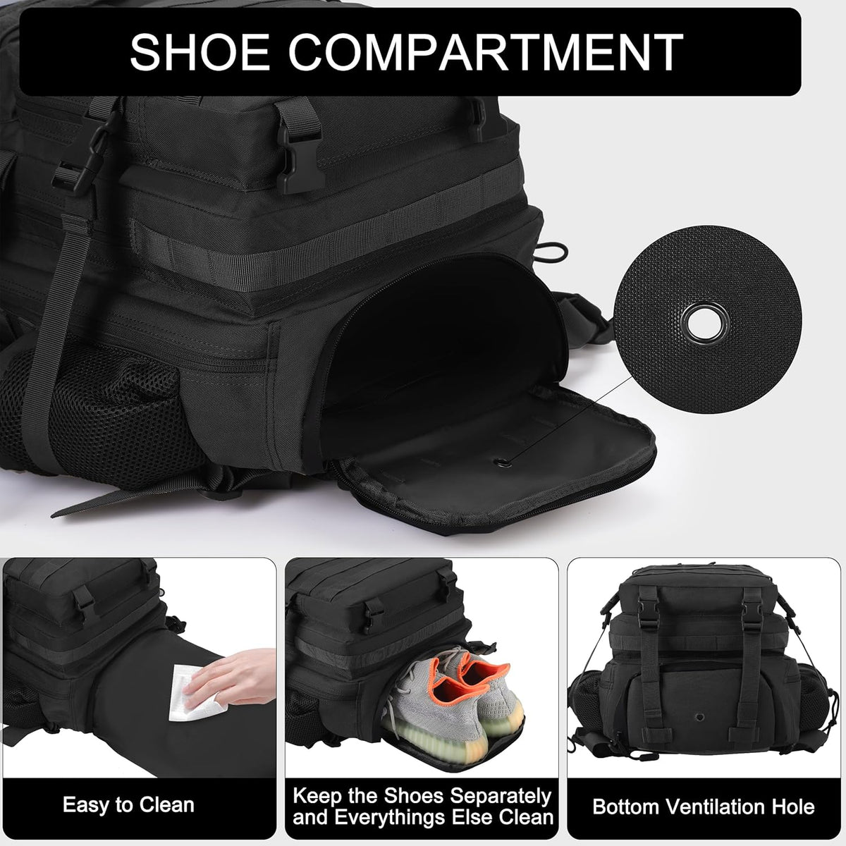 LHI Military Tactical Backpack for Men and Women 45L Army 3 Days Assault Pack Bag Large Rucksack with Shoe Compartment