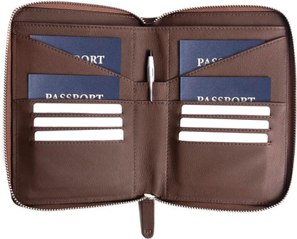 Full Grain Leather Family Passport Holder for 2-4 Passports - RFID Passport Holder and Travel Document Organizer - Large Leather Travel Wallet for Couples and Families - Brown