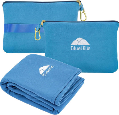 BlueHills Travel Blanket Pillow Compact Lightweight Pocket Size Airplane Traveling Essential Flight Trip Throw in Bag Portable Case Plane Accessory Teal Blue L03
