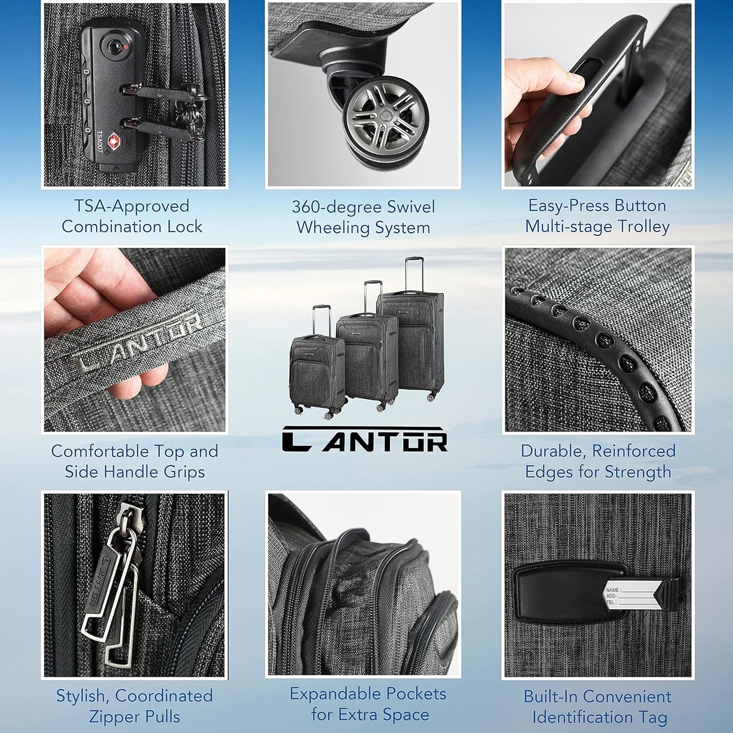 Cantor Ultra Lightweight Softside Luggage with Spinner Wheels, Set of 3, Expandable Suitcase with Retractable Handle and ID Tag, and Interlocking Zippers with TSA Lock