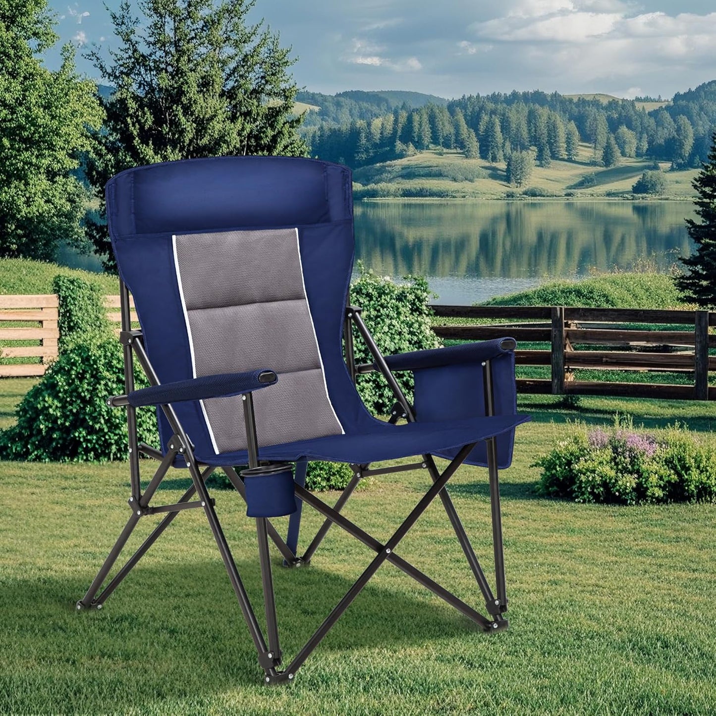 HIGH POINT SPORTS Oversized Camping Chairs for Adults, High Back Heavy Duty Lawn Folding Chair Support 500LBS, Padded Portable Outdoor Chair with Cup Holder, Blue