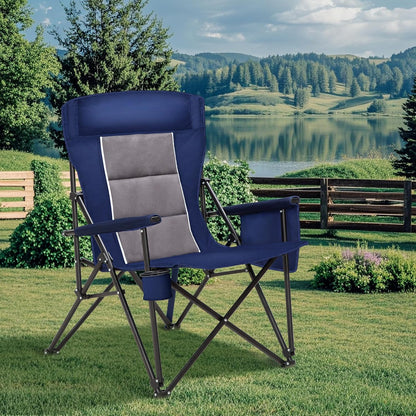 HIGH POINT SPORTS Oversized Camping Chairs for Adults, High Back Heavy Duty Lawn Folding Chair Support 500LBS, Padded Portable Outdoor Chair with Cup Holder, Blue
