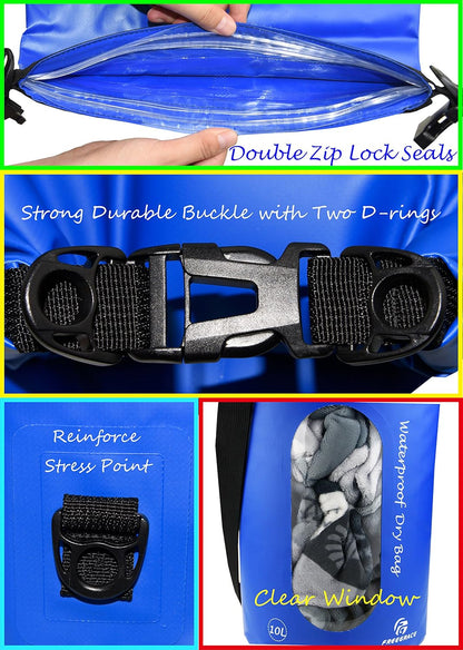 Freegrace Waterproof Dry Bags Set Of 3 Dry Bag With 2 Zip Lock Seals & Detachable Shoulder Strap, Waist Pouch & Phone Case - Can Be Submerged Into Water - For Swimming (Navy Blue(Window), 5L)