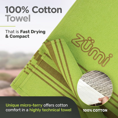 Zumi MINI 100% Cotton Camping Travel Towel - Small, Ultralight, Fast Drying, Highly Absorbent, Soft and Gentle on The Skin, Safe for The Planet (28" x 13" Green)