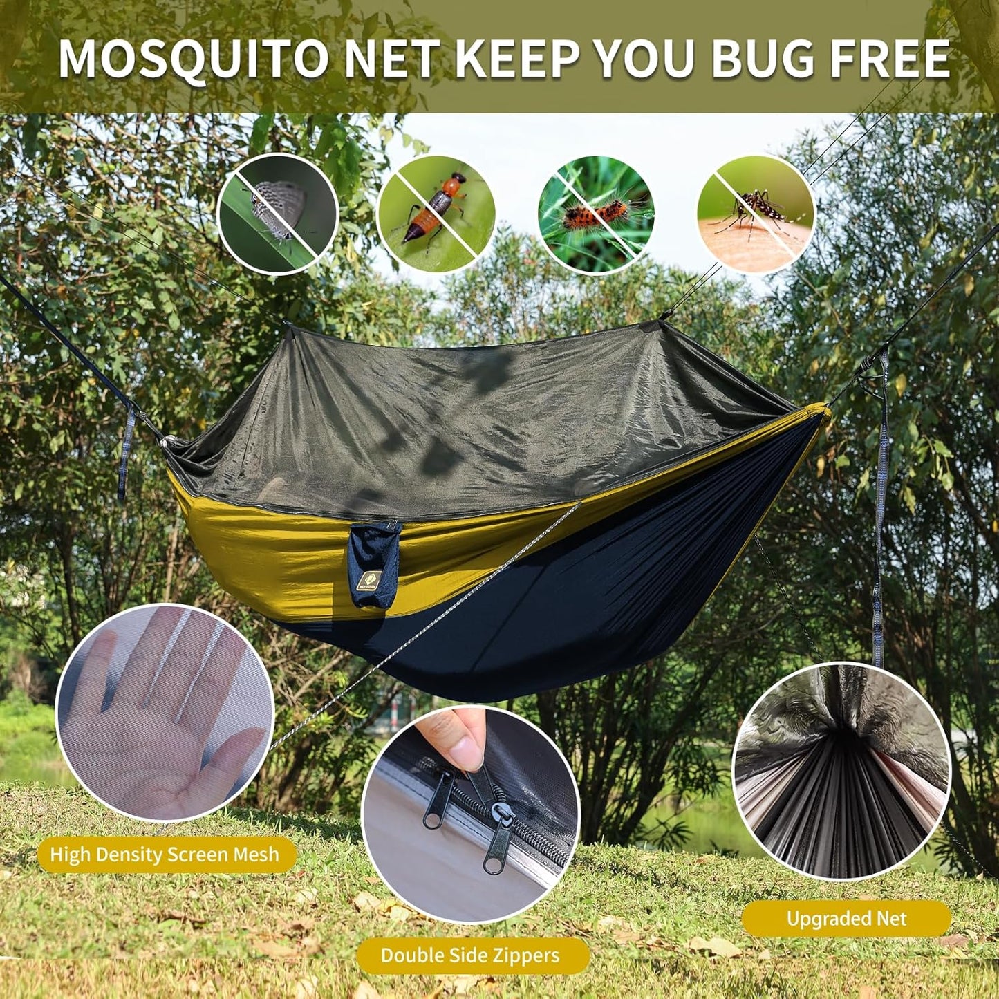 Camping Hammock with Net,Travel Portable Lightweight Hammocks with Tree Straps and Solid D-Shape Carabiners,Parachute Nylon Hammock for Outsides Backpacking Beach Backyard Patio Hiking