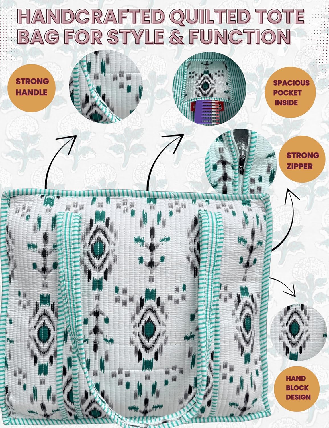 Cotton Quilted Tote Bag for Women – Large Beach & Travel Tote with Zipper, Reusable Grocery Bag