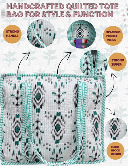 Cotton Quilted Tote Bag for Women – Large Beach & Travel Tote with Zipper, Reusable Grocery Bag