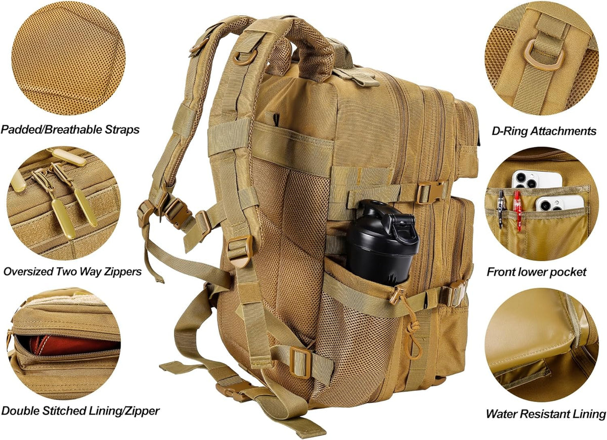 LHI Military Tactical Backpack for Men and Women 45L Army 3 Days Assault Pack Bag Large Rucksack with Molle System - Khaki