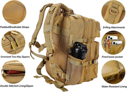 LHI Military Tactical Backpack for Men and Women 45L Army 3 Days Assault Pack Bag Large Rucksack with Molle System - Khaki