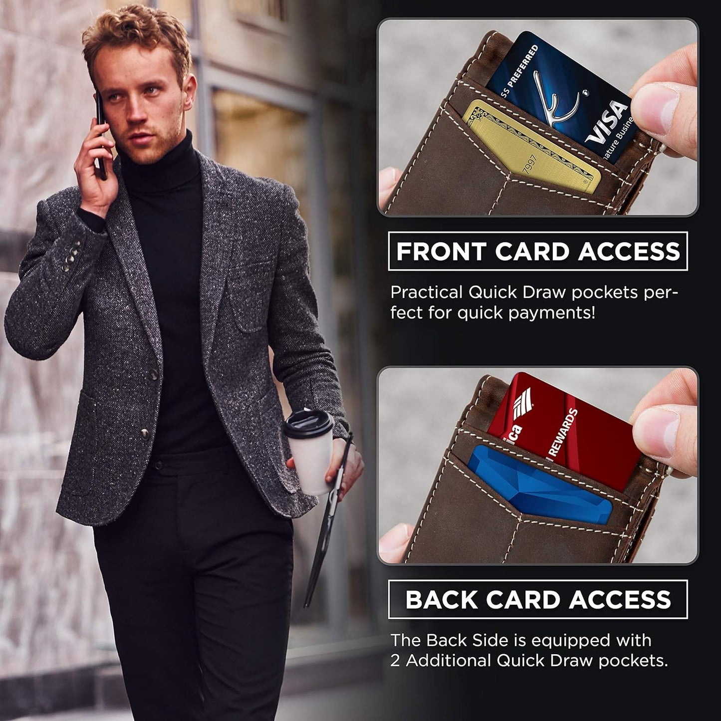 SERMAN BRANDS RFID Blocking Wallet Slim Bifold - Genuine Leather Minimalist Front Pocket Wallets for Men with Money Clip Gift