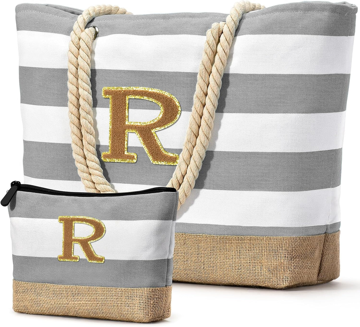 Becokan Beach Bag Initial Beach Tote with Makeup Bag for Travel Work Storage Personalized Birthday Gifts for Women Her