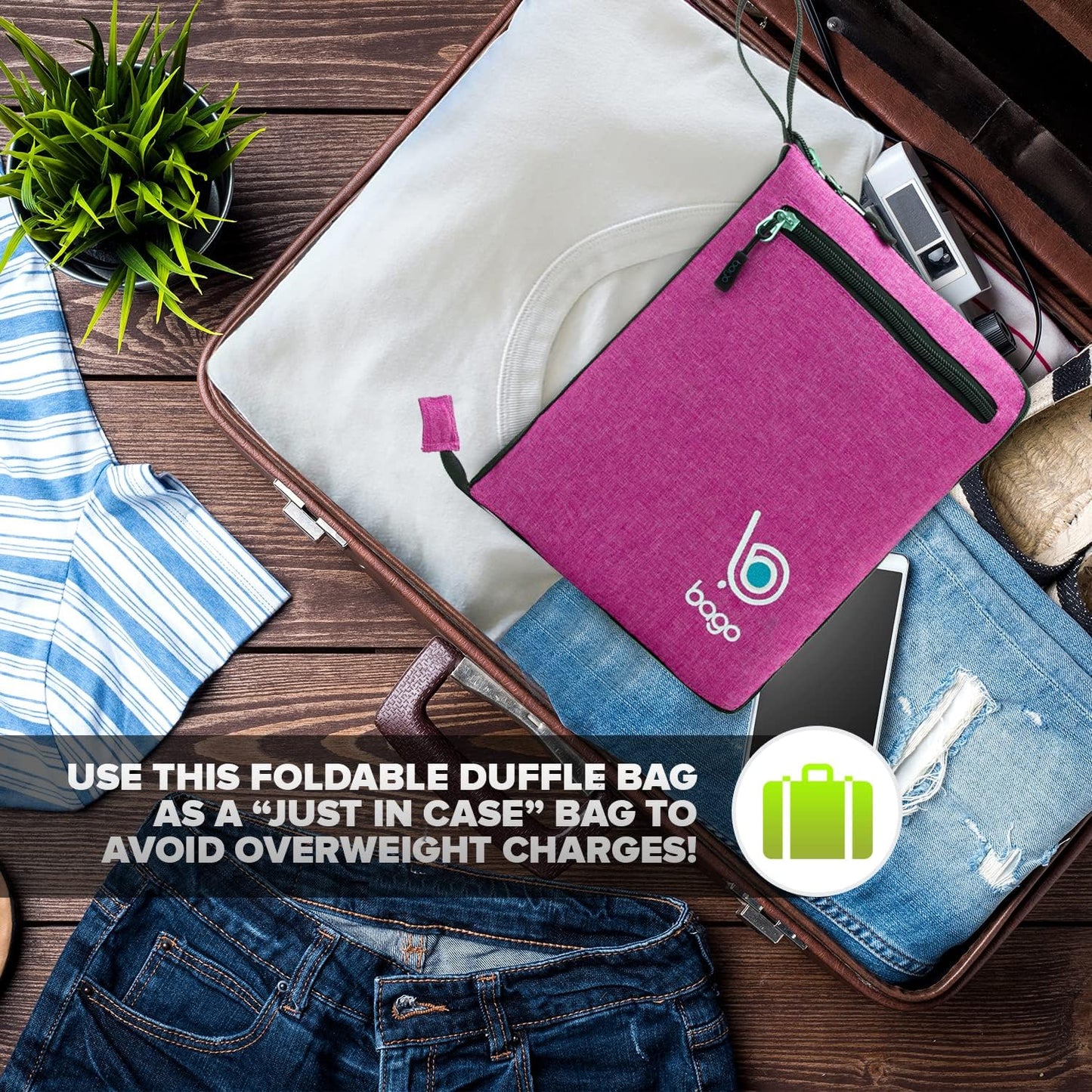 Bago Foldable Duffel Bags for Traveling Women & Men - 40L Sports Packable Duffle Bag for Travel with Shoe Compartment - Water Repellant, Heavy Duty, Lightweight Folding & Collapsible (SnowPink)