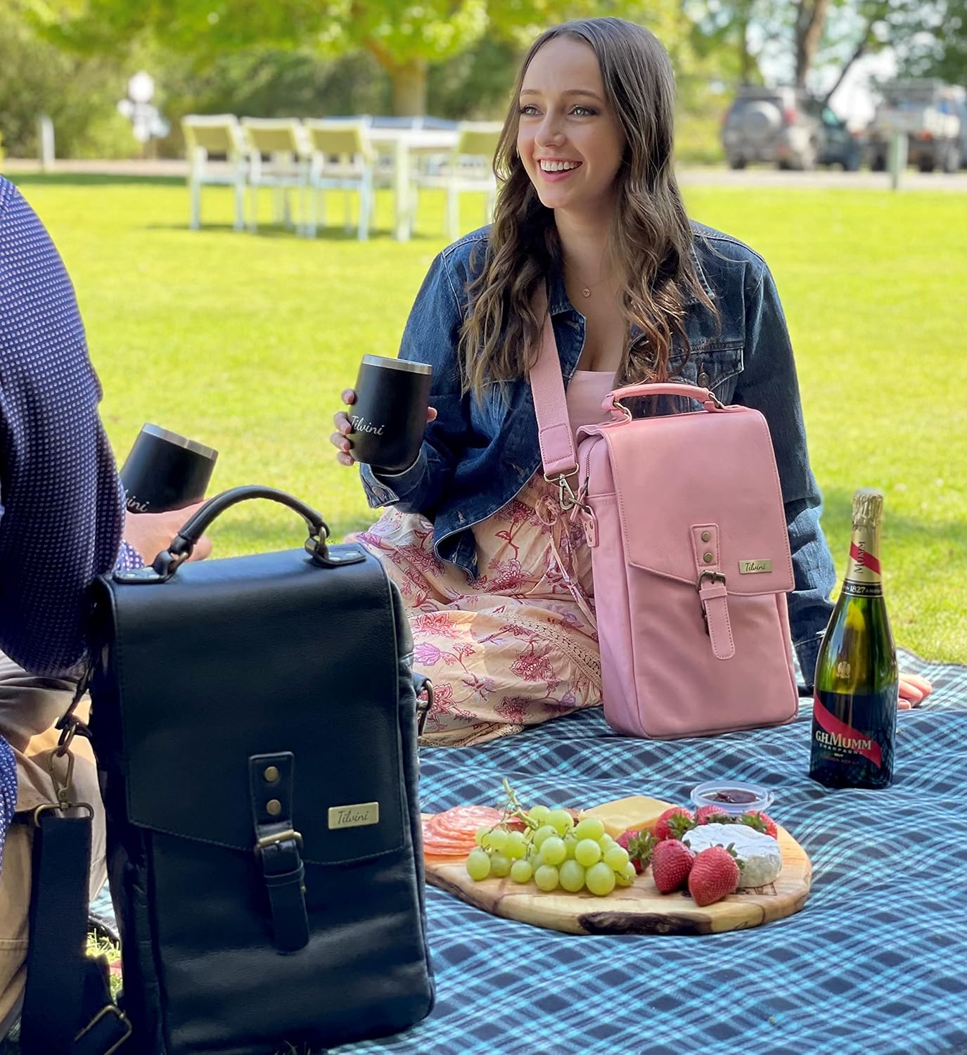 Insulated Leather Wine Bag & 2 Wine Tumblers Set. Leather Wine Bottle Carrier Tote. Wine Gifts For Men. Picnic Bag, Beach Wine Cooler Bag. Airplane Travel Byo Wine Carrier Case Couples Gift