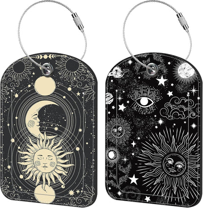 Sun Moon Luggage Tag for Suitcase Set of 2 PU Leather Cute Luggage Tags with Stainless Metal Loop ID Label Privacy Flap Suitcase Tags for Women and Men Travel