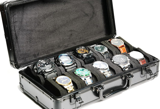 10 slots Aluminum watch case, Hard Deluxe watch storage organizer box with soft foam padding snug fit watches up to 55mm face