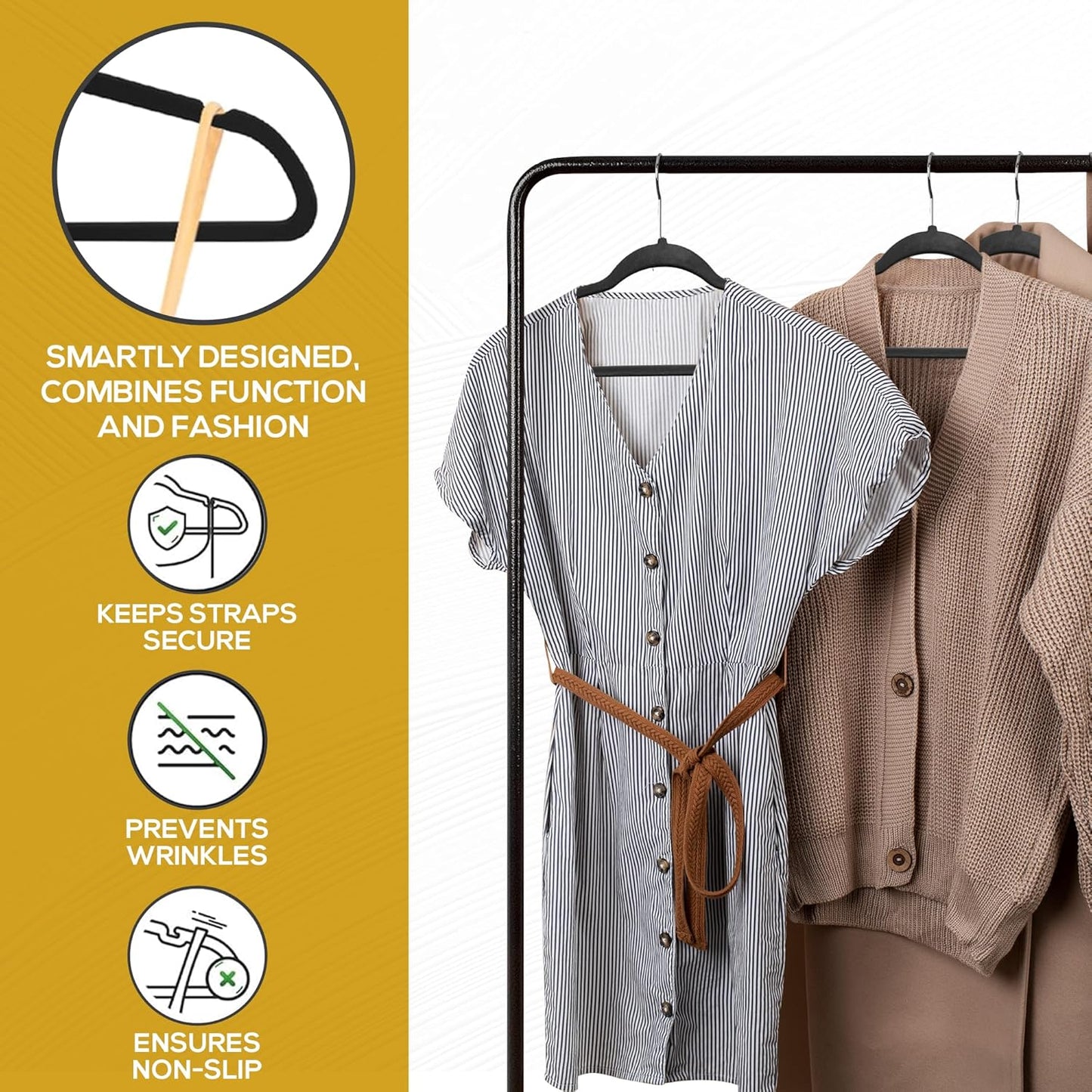 50 Pack New Premium Quality Velvet Hangers Ultra Thin Non Slip Adult Felt Space Saving Hangers for Closet Heavy Duty Coat Pants Jackets Dress Hangers 360° Swivel Hook Hold Upto 10 lbs Black