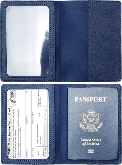 2 Pack Passport and Vaccine Card Holder PU Leather Passport Wallet Vaccine Case Protector Slot Travel Passport Wallet for Women & Men (D-Black&Blue)