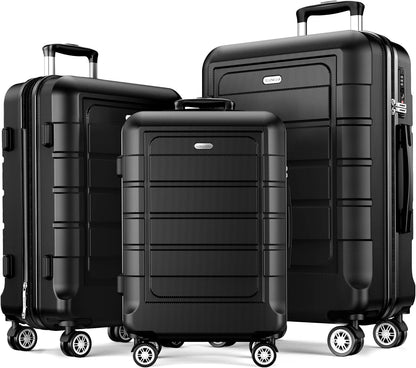 SHOWKOO Luggage Sets Expandable PC+ABS Durable Suitcase Double Wheels TSA Lock Black