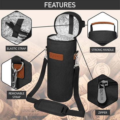 opux Wine Bag Single Bottle Carrier Tote, Insulated Wine Cooler Bag for Travel Picnic Beach with Shoulder Strap, Thermal One Bottle Holder Carrying Case Wine Gift for Women Men, Black