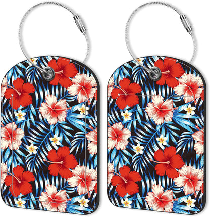 2 PCS Leather Luggage Tag for Suitcase Palm Leaves and Hibiscus Flower Travel Suitcase Labels with Privacy Name ID Label and Stainless Steel Loop for Adults Teens Travel Bag Labels Set