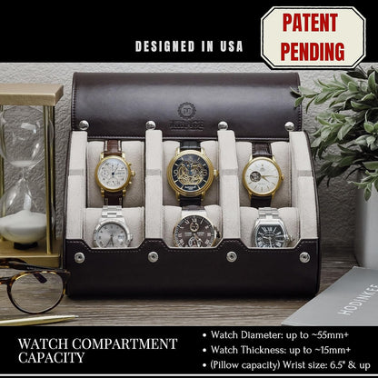 6 Watch Case Bbox for Travel Watch Roll for Men Watch display organizer - Espresso Brown & Ivory White Interior