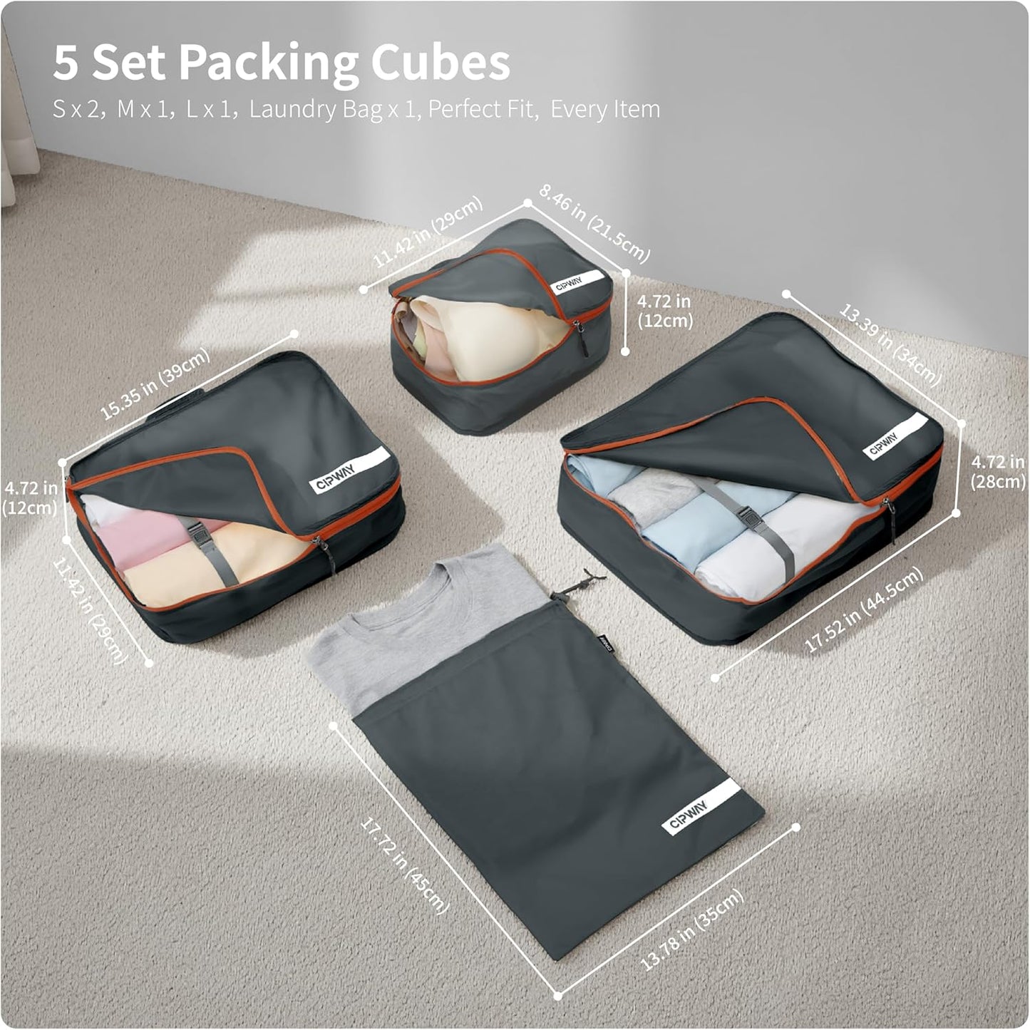 Cipway 5 Set Packing Cubes for Travel Suitcase Organizer for Accessories Luggage Carry On Suitcase Lightweight Grey