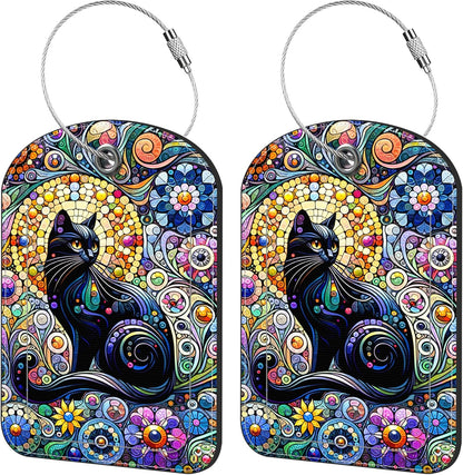 2 Pack Cute Luggage Tag for Suitcases Black Cat Leather Luggage Tags with Stainless Steel Loop Privacy Flap Name Tags,Men and Women Travel Bag Suitcase Tags