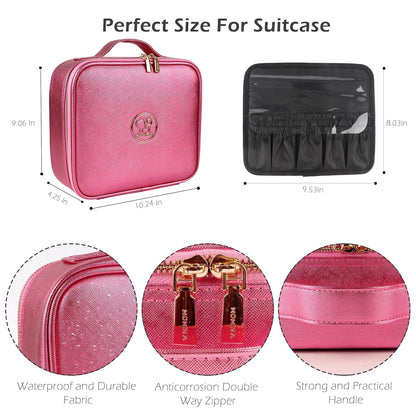 MOMIRA Travel Makeup Bag Cosmetic Bag Makeup Organizer Bag with Lighted Mirror, Adjustable Brightness in 3 Color Scenarios, Waterproof Makeup Train Case, Gift for Women - Brilliant Rose