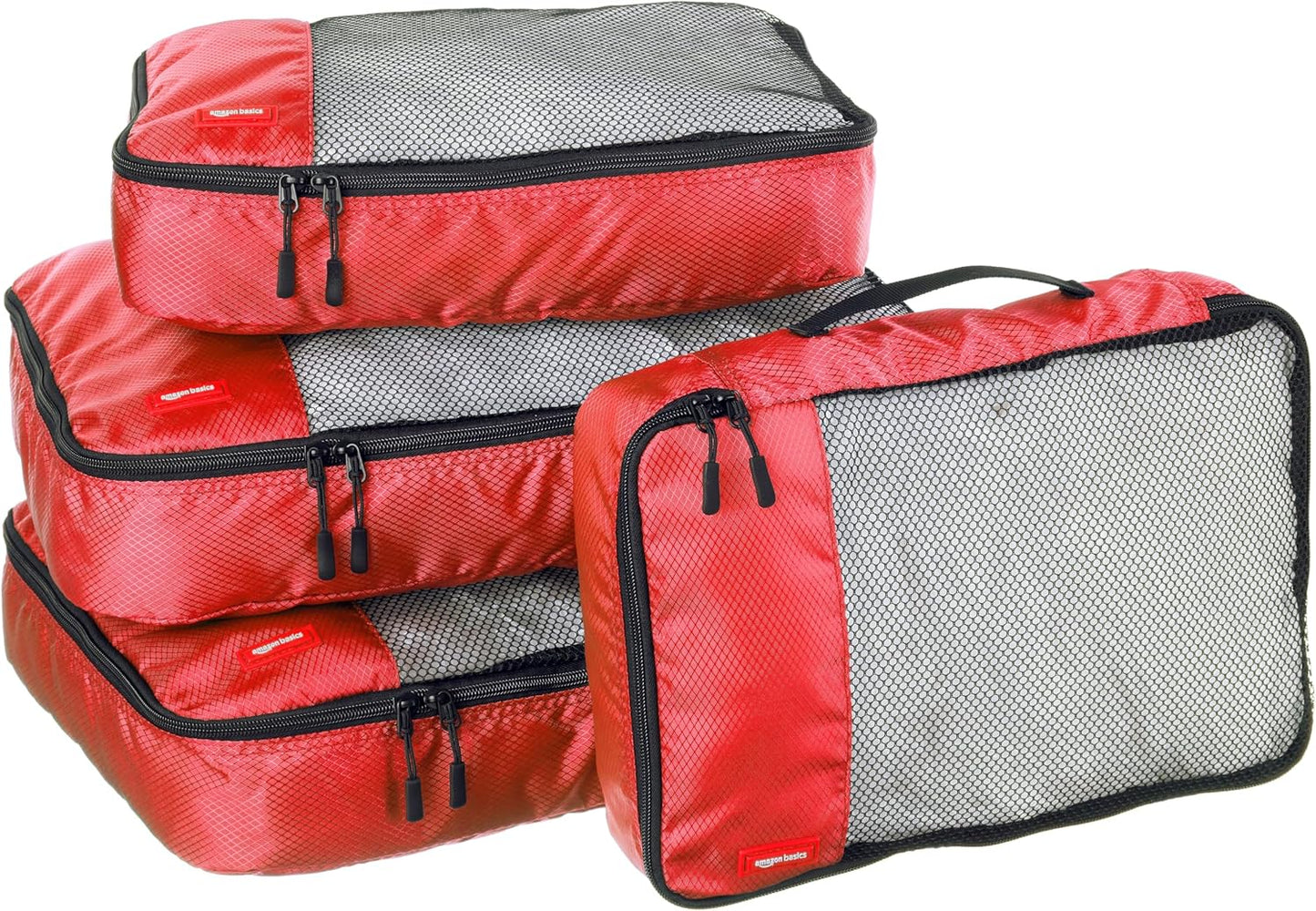Amazon Basics Packing Cubes for Travel, Packing Organizers Set, 4-Piece-Set (2 Medium And 2 Large) With Double Zipper Pulls and Mesh Top Panel, 100% Durable Polyester, Red