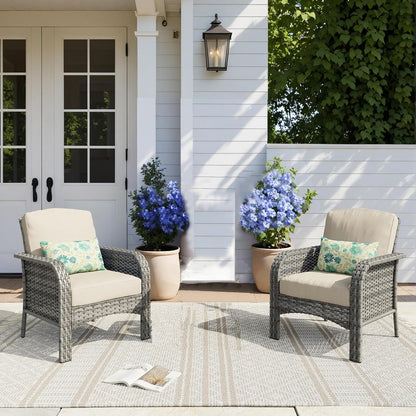 HOOOWOOO Patio Furniture Set,2 Pieces Outdoor Wicker Chairs Set,All Weather Deck Bistro Chairs with Comfy High Back,Beige
