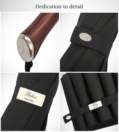 Balios (Designed in UK) Travel Umbrella Luxurious Golden Hardwood Handle Auto Open & Close Windproof Frame Single Canopy Automatic Folding Umbrella Men's & Ladies