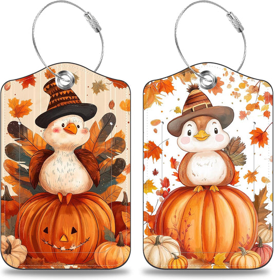 2 Pcs Cartoon Turkey and Pumpkin Luggage Tags for Suitcases Autumn PU Leather Baggage Tags Name ID Label with Privacy Cover and Stainless Steel Loop for Men Women Travel Bag Suitcase